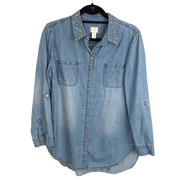 Chico's Soft Denim Embellished Long Sleeve Button Down Women’s 8 - Picture 1 of 7